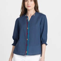 SHAYE Navy Cotton Embroidered Top-picture-8