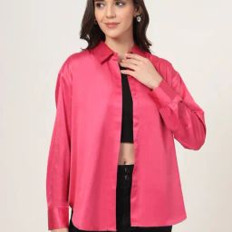 Style Quotient Women Fuchsia Pink Smart Casual Oversized Satin Shirt-86
