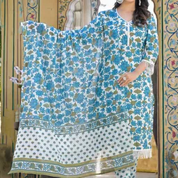 Pink Galaxy Women Floral Printed Regular Pure Cotton Trousers & Dupatta Kurta Sets-41