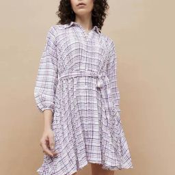 Ginger by Lifestyle White & Purple Chequered A-Line Dress-image-35