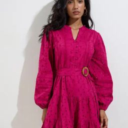 LOV by Westside Fuchsia Schiffli Cotton Tiered Dress with Belt-image-38