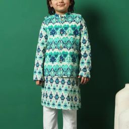 READIPRINT FASHIONS Kids Sea Green & White Printed Full Sleeves Kurta, Pyjamas with Jacket-image-28