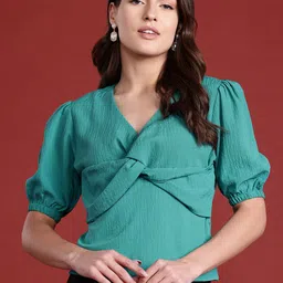 all about you Puff Sleeves Textured Twisted Top-image-30