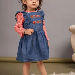 Budding Bees Infant Girls Embroidered & Printed Cotton Dungaree With T-Shirt-image-35