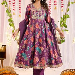 Yavie Floral Printed Chanderi Cotton V-Neck Panelled Sequinned Kurta & Trousers & Dupatta-20