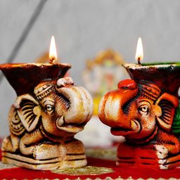 Lupaava 2Pcs Red & Brown Textured Terracotta Clay Diyas-21