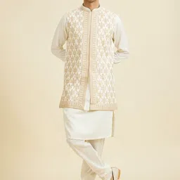 Manyavar Men Floral Embroidered Mandarin Collar Art Silk Kurta With Churidar & Jacket-image-38