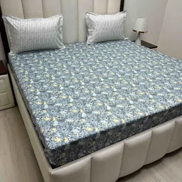 Pure Decor Blue & Yellow Floral 350 TC King Bedsheet with 2 Pillow Covers-picture-9