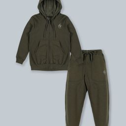 Kiddopanti Full Sleeves Logo Printed Front Zipper Hooded Sweatshirt & Track Pants Set - Military Green-image-81