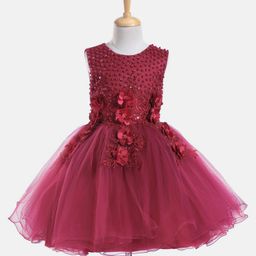 Mark & Mia Cotton Sleeveless Party Dress with Floral Applique & Pearl Detailing - Maroon-image-49