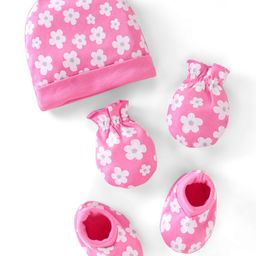 Babyhug 100% Cotton Knit Cap Mittens & Booties Set Floral Print -  Pink-image-29
