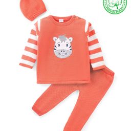 Babyhug Organic Cotton Knit Full Sleeves Sweater Set With Zebra Embroidery - Peach-image-48