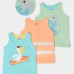 Mi Arcus Baby Boy Cotton Sleeveless Shibori Tie & Dye With Duck & Earth Print Vests Pack of 3 Blue Orange & Green-image-35