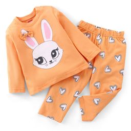 Babyhug Cotton Knit Full Sleeves T-Shirt & Pyjama Set Marie Print & Bow Applique - Orange-image-2