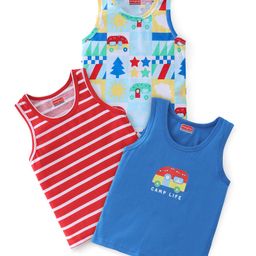 Babyhug 100% Cotton Knit Sleeveless Sando Stripes & Car Print Pack of 3 - Red & Blue-image-20