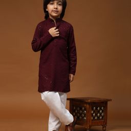 P-MARK Full Sleeves Block Motif Embroidered & Sequin Embellished Kurta Pyjama Set -  Purple-image-49