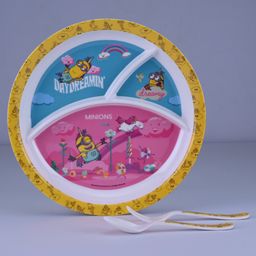 Servewell 3 Partition Round Plate with Spoon and Fork Minions Theme - Red and Yellow-6
