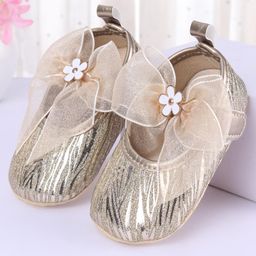 Cute Walk by Babyhug Floral & Ribbon Bow Applique Velcro Closure Glittery Ballerina Booties -  Golden-26