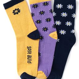 Pine Kids Cotton Nylon Knit Ankle Length Socks Floral & Brand Design Pack of 3 - Yellow Purple & Black-image-1