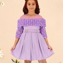 Cutecumber Three Fourth Sleeves Floral Applique Detailed Fit & Flare Dress - Purple-image-33
