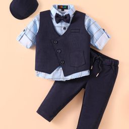 Robo Fry Lycra Knit Full Sleeves Checkered Party Suits with Bow & Hat - Light Blue-image-54