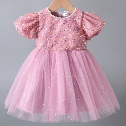 Kookie Kids Half Sleeves Party Frock With Sequin Detailing - Pink-image-92