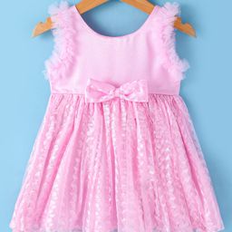 Babyhug Woven Sleeveless Fit & Flared Textured Party Frock with Bow Applique - Pink-image-26