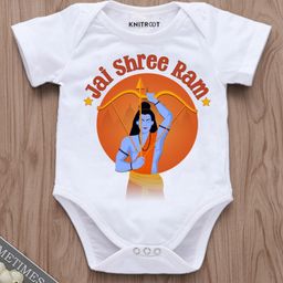 KNITROOT Dussehra Theme Half Sleeves Jai Shree Ram Text Printed Onesie - White-picture-4