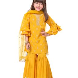 Babyhug Woven Three Fourth Bell Sleeves Kurti Gharara & Dupatta Set with Floral Embroidery - Mustard-image-25