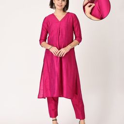 The Mom Store Silk Three Fourth Sleeves Solid Maternity Kurta With Nursing Access & Salwar Set - Pink-picture-21
