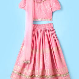 Saka Designs Rayon Puffed Half Sleeves Choli Lehenga & Dupatta Set with Foil Print & Lace Detailing - Peach & Gold-image-60