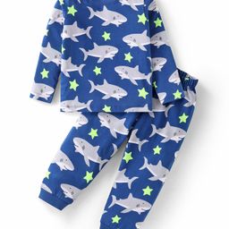 Babyhug Cotton Knit Full Sleeves Night Suit with Shark Print - Navy Blue-picture-16
