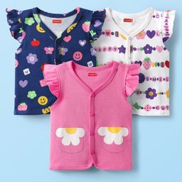 Babyhug 100% Interlock Knit Frill Sleeves Front Open Vests With Floral Print Pack Of 3 - Pink Navy Blue & White-8