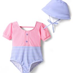 Mark & Mia HalfSleeves V Cut Swimsuit withChecks & Cap - Pink-image-15