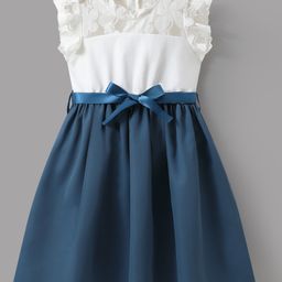Mark & Mia Frill Sleeves Frock with Bow Applique - Blue & White-image-42