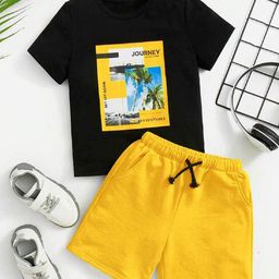 Bolly Lounge Cotton Blend Half Sleeves Journey To A New Adventure Text Printed Tee & Shorts Set - Black-picture-2