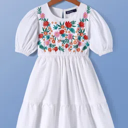 Pine Kids 100% Cotton Half Sleeves Floral Embroidered Frock - White-picture-33