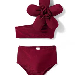 KIDLINGSS One Shoulder Sleeves Floral Applique Detailed 2 Piece Swimsuit - Maroon-picture-4