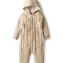 Babyhug Knit Full Sleeves Hooded Winter Wear Romper With Cable Knit Design - Beige-image-6