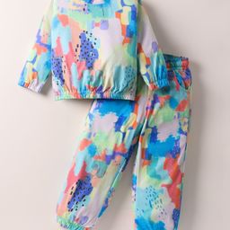 Olio Kids Looper Knit Full Sleeves Winter Wear Co-Ord Sweatshirt & Jogger Set with Abstract Print - Sea Green & Blue-image-26