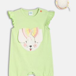 MINI KLUB Cotton Knit Frill Sleeves Dog Embroidered & Applique Detailed Romper With Cap - Green-picture-49