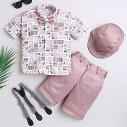 Fourfolds Cotton Blend Woven Half Sleeves Abstract Printed Shirt & Shorts With Cap Suspender & Bow Set - Peach-image-93
