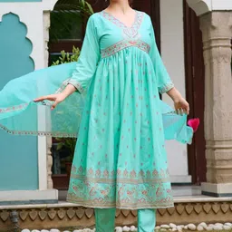 CaniBani Turquoise Blue Viscose Rayon Kurta Sets-image-22