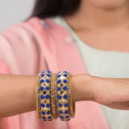 Mamon Creations Set Of 6 Gold-Plated & Blue Alloy Bangles-picture-20