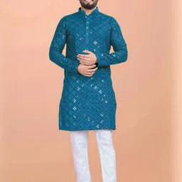 shreeram Men Embroidered Straight Kurta (Blue)-image-56