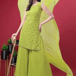 PARROT CREATION Geometric Embroidered Sequinned Georgette Kurti with Sharara And Dupatta image 2