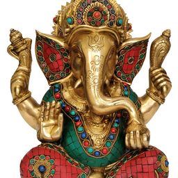 Exotic India Gold-Toned & Green Lord Ganesha Religious Idol Showpiece-image-52