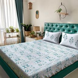 KLOTTHE Green & White Geometric 400 TC King Bedsheet with 2 Pillow Covers-image-31