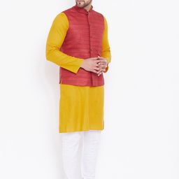 VASTRAMAY Men Mustard Solid Kurta with Pyjamas & Nehru Jacket image 4