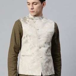 MANQ Men Beige Ethnic Motifs Jaquard Woven Design Nehru Jacket-32